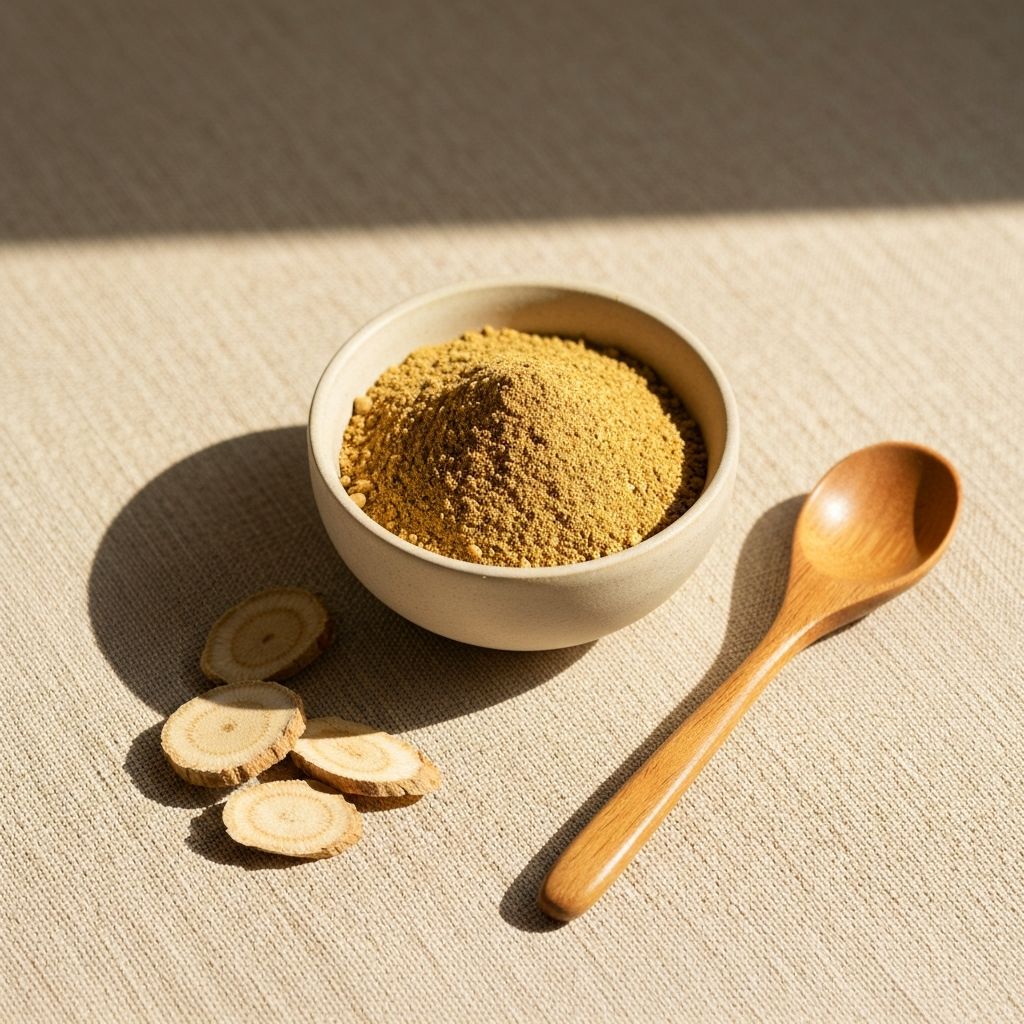 Proszek ashwagandhy w ceramicznej misce z drewnianą łyżką