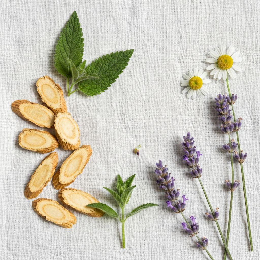 Ashwagandha root i tradycyjne zioła na lnianej tkaninie