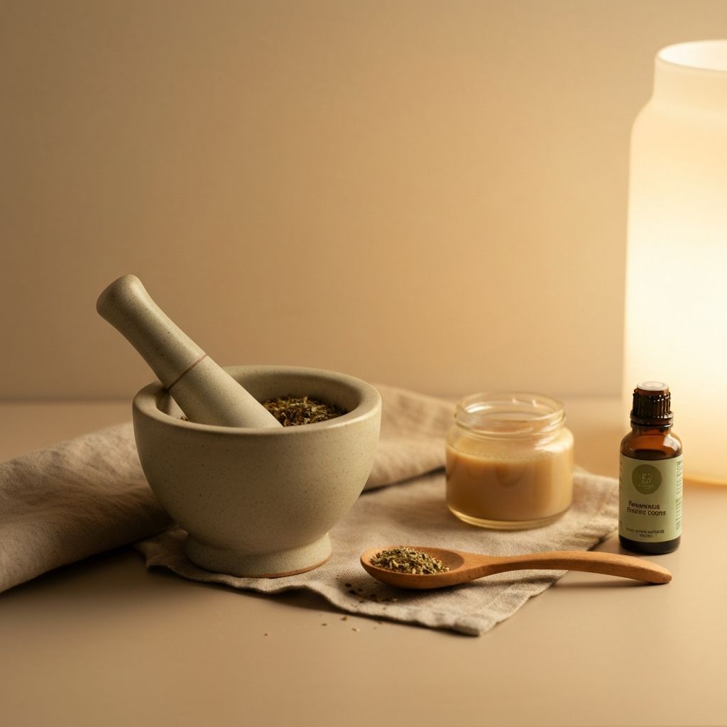 Muszla do mielenia ziół z drewnianą łyżką na lnianym tle